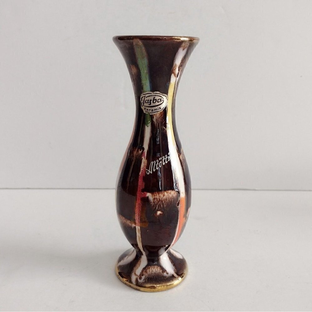 Vintage Jasbo Keramik Bud Vase Altotting Germany Brown Drip Glaze Mid Century